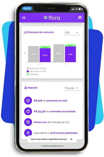 Imagem de um celular com a plataforma Flora aparecendo na tela, com destaque para dados do consumo do cliente.